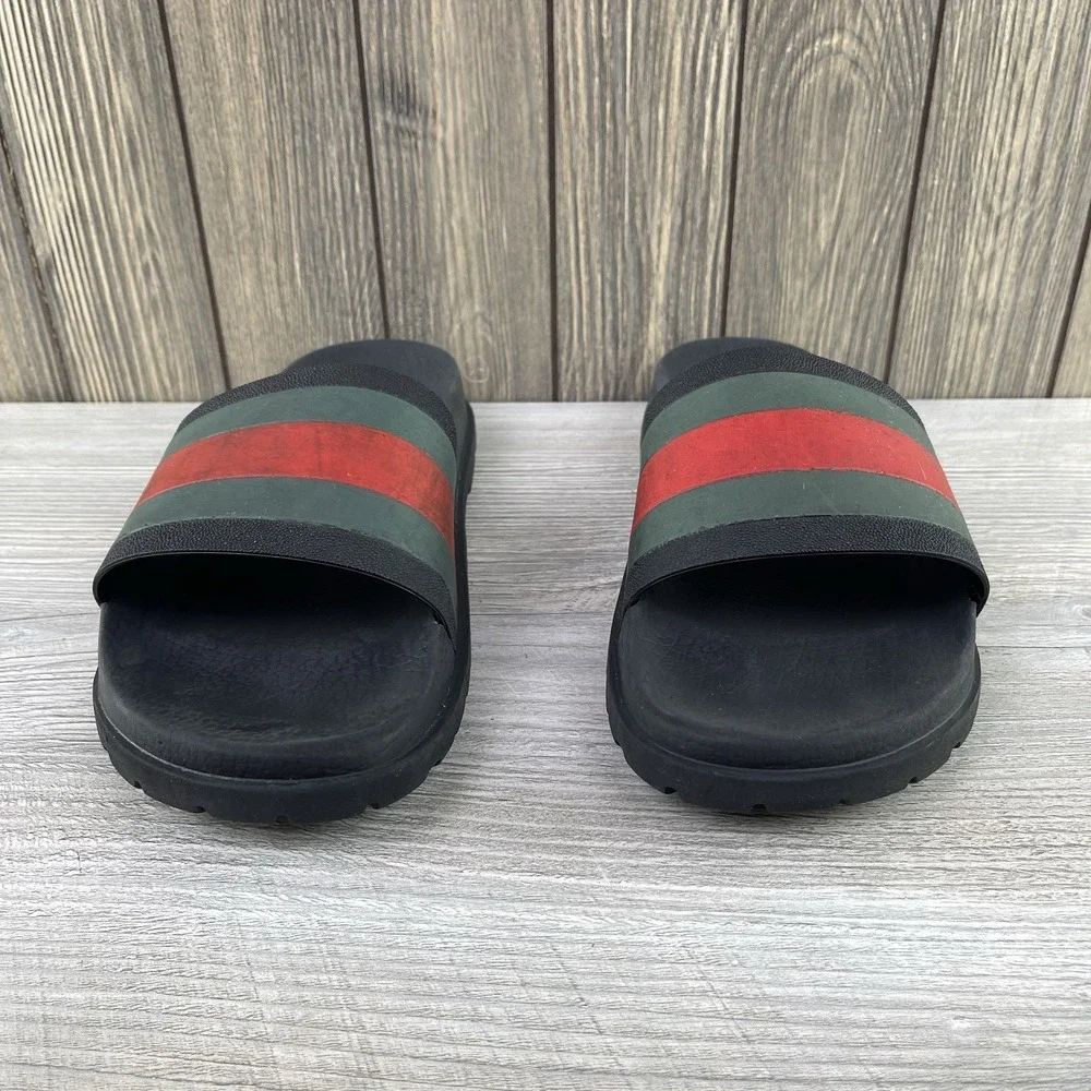 Gucci Web Men's Rubber Slide Sandal Black Rubber, Size 10 US Iconic Stripe Logo